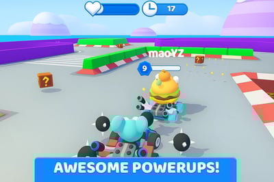A game screen of a cartoon character in a cartoon car.